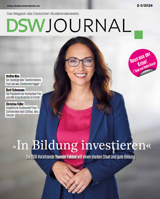 Deckblatt des DSW Journals 2-3/2024 mit Porträt von DGB-Vorsitzende Yasmin Fahimi